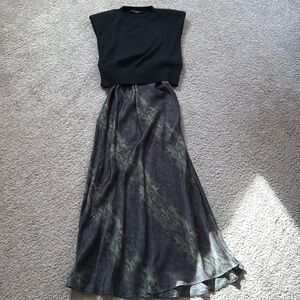 All Saints slip dress with bold shoulder sweater.